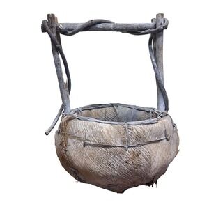 Vintage Handwoven Palm Sheath and Vine Basket Native Wishing Well Primitive